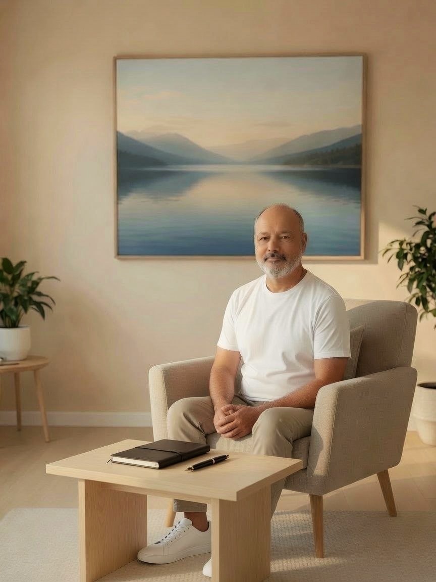 Portrait d’Olivier, thérapeute énergéticien, assis dans son cabinet